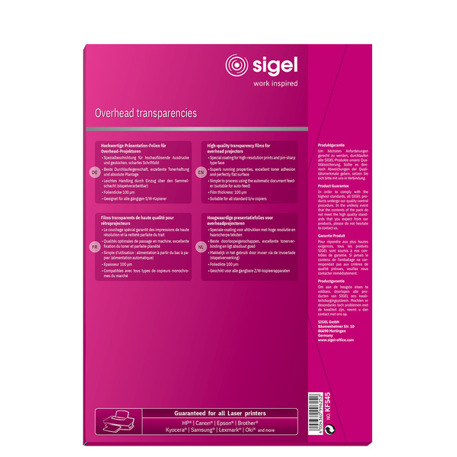 SIGEL Overhead-Folien für S/W-Kopierer | transparent | stapelverarbeitbar | beids. bedruckbar,100 µm | A4 | 100 BL