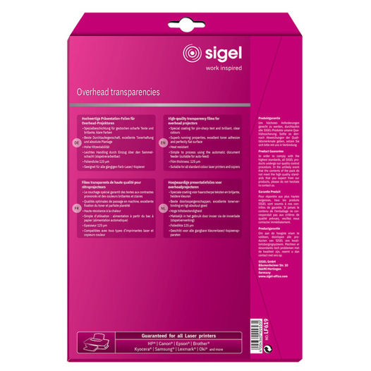 SIGEL Overhead-Folien für Farb-Laser/-Kopierer | transparent | 125 µm | A4 | 20 Blatt